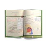 Open educatief boek met anatomische illustraties over Arabische taal en letters